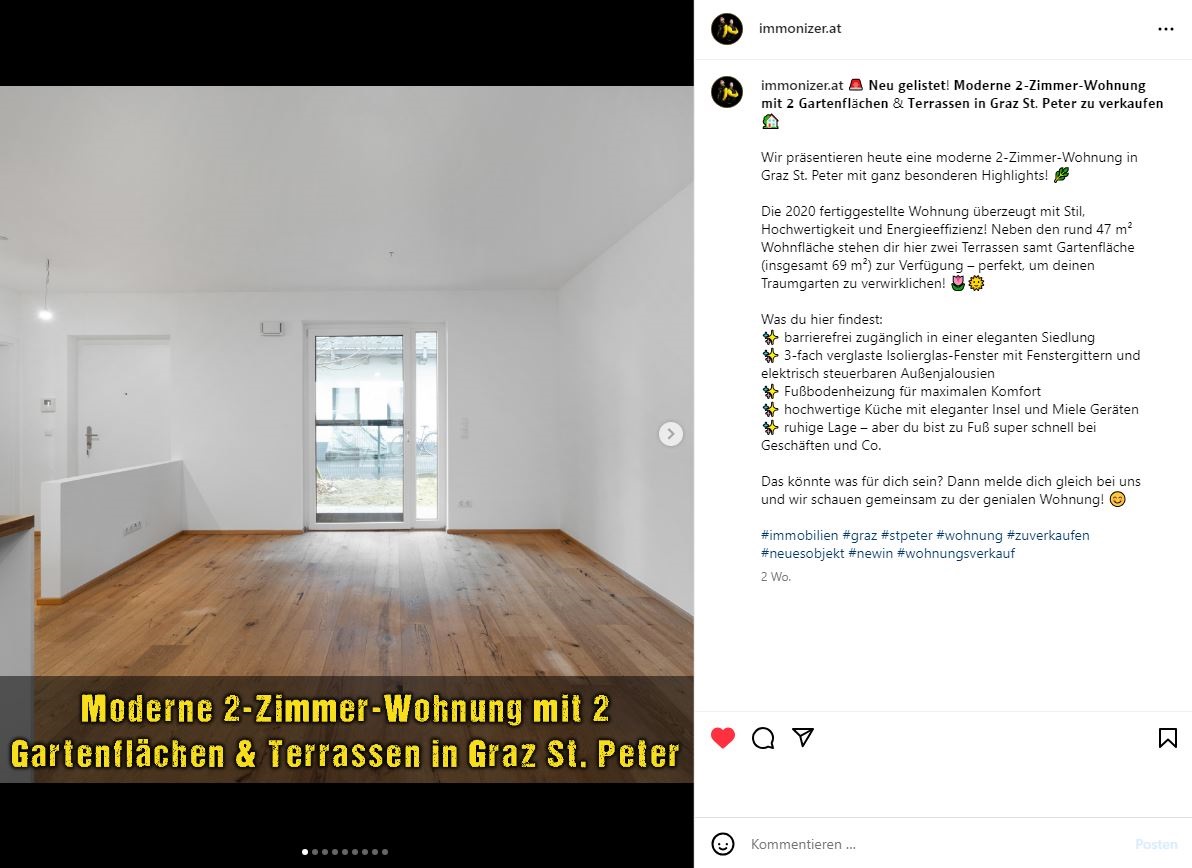Instagram Posting vom Immobilienunternehmen Immonizer.